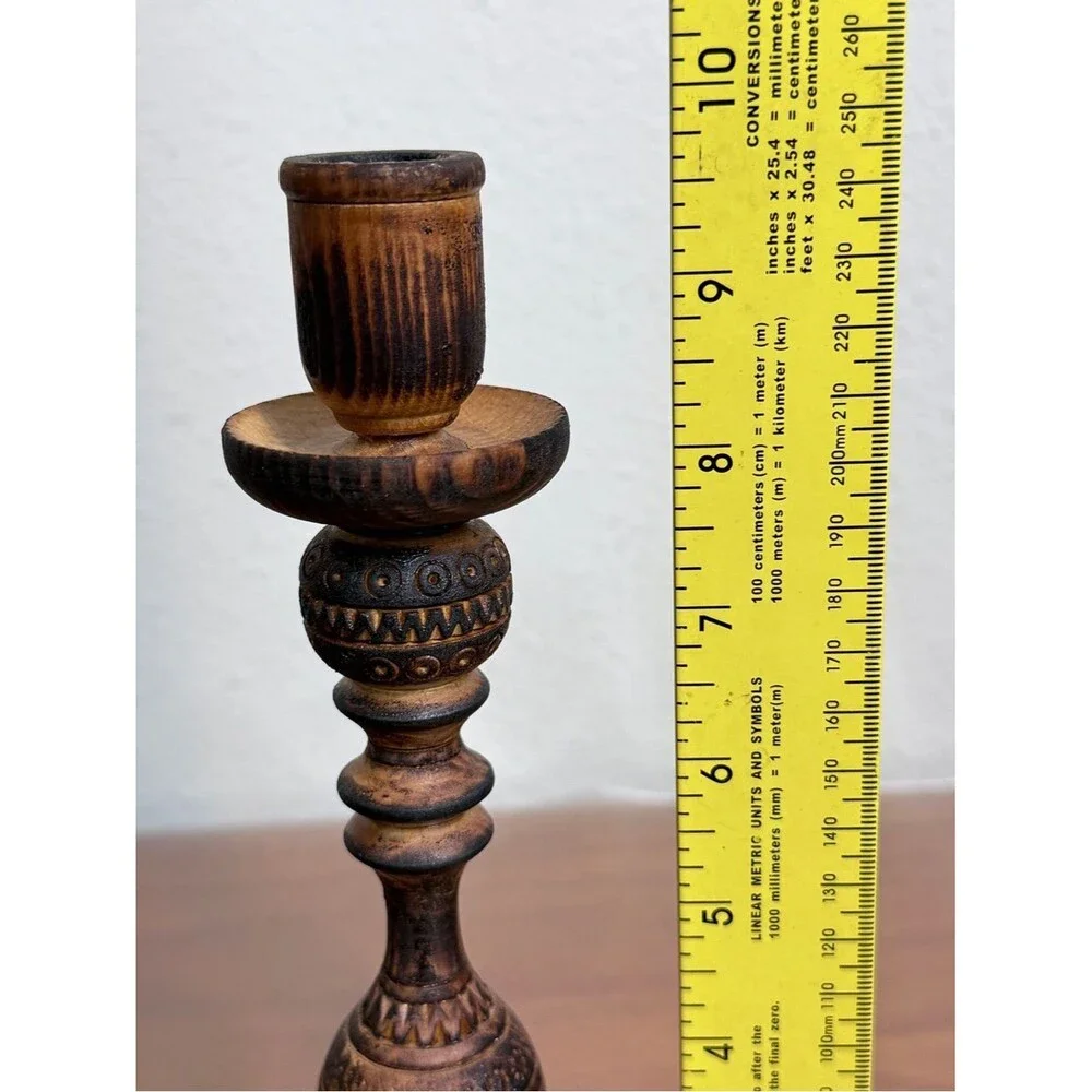 2 Carved Distressed Wood-Burned Turned Wood Candle Holders 10”